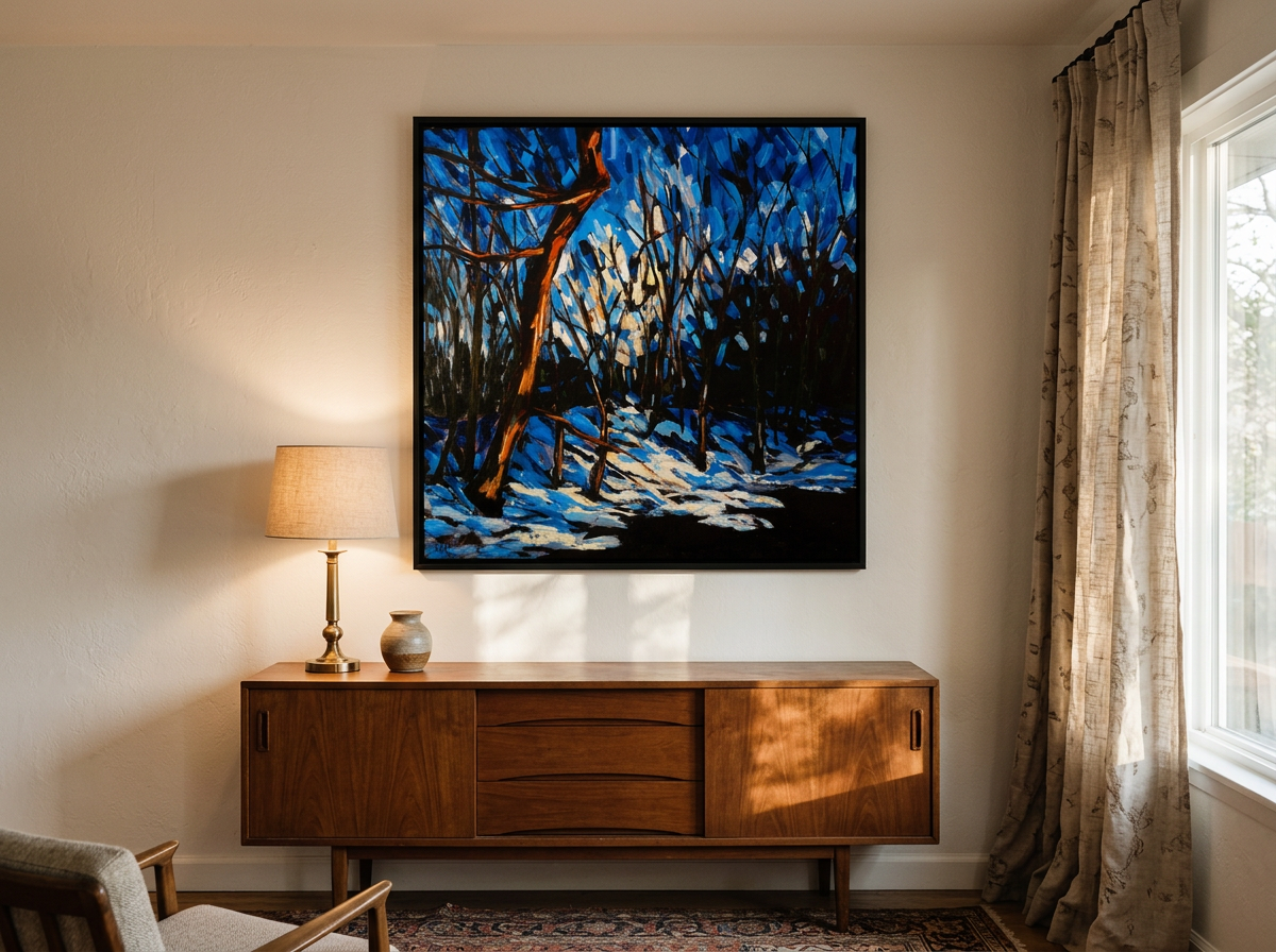An embellished painting hanging in a warm living room